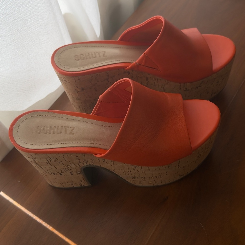 Schutz Dalle Flame Orange Leather Cork Platform Mule Sandals Size 7 - Picture 2 of 5